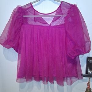 Kaktus Pink Sheer Puff-Sleeve Top